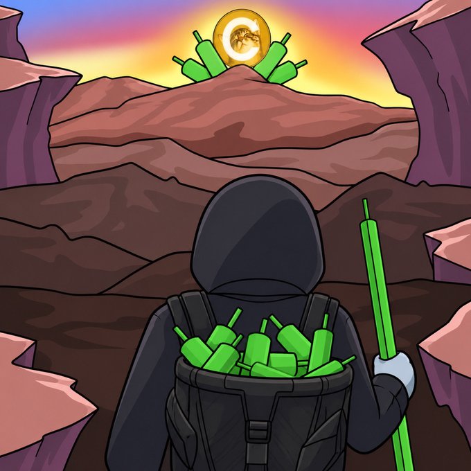A hooded character carries a backpack overflowing with green bottles through a rocky landscape, reaching toward a golden coin atop a distant hill adorned with green bottles, symbolizing the crypto "$CATE space" giveaway promotion by Travladd at fomo.family/r/Travladd.