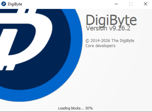 A screenshot of the DigiByte cryptocurrency wallet application splash screen, showing 'DigiByte Version v9.26.2' with loading blocks at 50%.