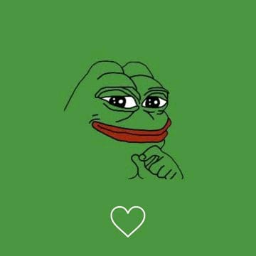 A Pepe the Frog meme illustration on a green background, featuring the frog with a smug expression and a red-lipped smile, pointing downward at a white heart outline.