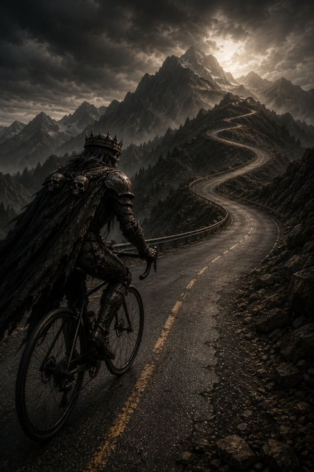 A dark fantasy digital artwork depicting a crowned, armored figure in a tattered cloak riding a bicycle up a winding mountain road toward dramatic, cloudy peaks.