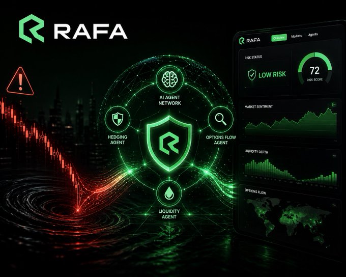 The image is a promotional graphic for RAFA featuring a glowing green AI Agent Network diagram at its center, flanked by a red market crash warning on the left and a dashboard on the right displaying "RISK STATUS: LOW RISK," a "72 RISK SCORE," "MARKET SENTIMENT," "LIQUIDITY DEPTH," and "OPTIONS FLOW" metrics. It visually reinforces the post's message by illustrating how RAFA's AI agents—including Hedging, Options Flow, and Liquidity Agents—work together to detect early market signals and assess risk before panic-driven sell-offs occur.