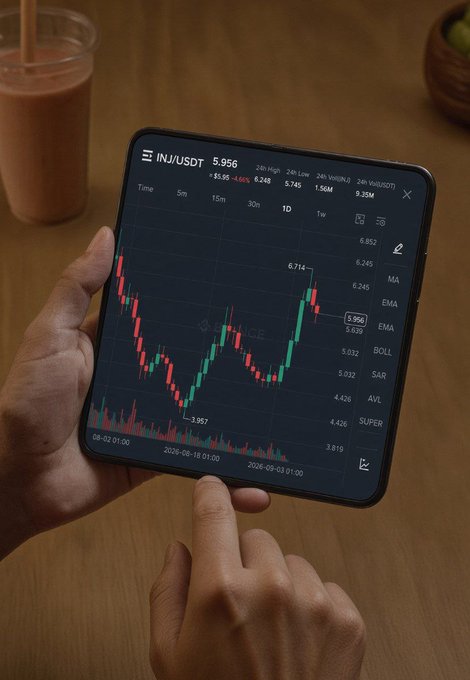 A person holds a tablet displaying a Binance candlestick chart for 'INJ/USDT' priced at 5.956, with various timeframes and indicator options visible on the side.