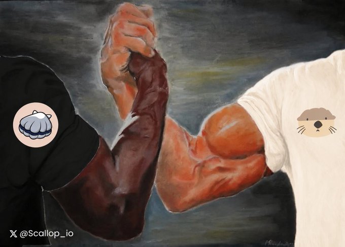 A painting depicts a muscular arm wrestling match, with one party represented by a scallop icon and the other by a sea otter face icon, branded by '@Scallop_io'.