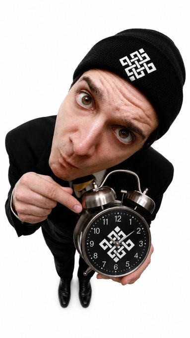 A man in a suit and black beanie with a white QR-code-like logo makes an exaggerated face while holding an alarm clock featuring the same QR-code design.