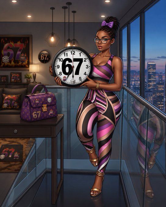 A stylish woman in a striped outfit holds a clock displaying "67," surrounded by "67"-themed decor including a purple handbag, in a modern high-rise apartment overlooking a city skyline—visually reinforcing the post's message about consistent progress and the $SIXSEVEN community.