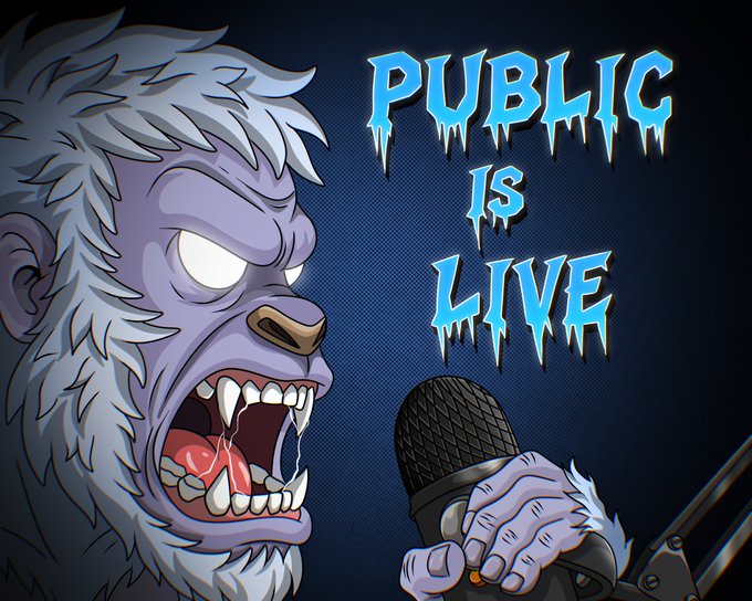 A fierce, roaring yeti-like creature aggressively grips a microphone, paired with the bold icy text "PUBLIC IS LIVE," hyping the live launch of "TheYeDDz" NFT collection (mint 200) on the SentX launchpad for $HBAR.