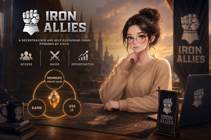 A promotional banner for 'IRON ALLIES' describing it as a decentralized cabal powered by Siron, featuring an anime-style woman, a central logo, and icons for Access, Raids, and Opportunities.