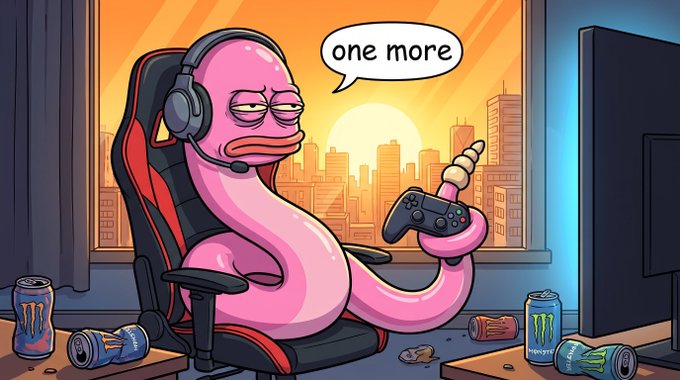 A pink worm-like cartoon character wearing headphones sits in a gaming chair holding a controller, saying "one more" in a speech bubble, surrounded by empty energy drink cans with a sunset cityscape visible through the window.

The image illustrates the Slippy Club mascot in its natural gaming habitat, demonstrating how the character's recognizable identity (pink worm, headphones, gaming setup) translates seamlessly outside of just a profile picture—appearing as a fully realized scene with personality, props, and setting that reinforce the meme's brand.