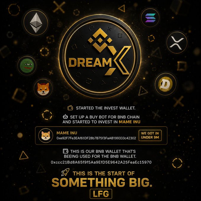 The image displays a promotional graphic for a crypto project called "DREAM" featuring their first investment in MAME INU, highlighting a BNB Chain buy bot deployment and their dedicated BNB wallet (0xccc218D8A65f9f5Aa9EfD5E9642A25FeaEc15970) with a "WE GOT IN UNDER 9M" milestone badge. The visual reinforces the accompanying post's announcement of launching an official investment strategy through their newly operational Investment Wallet, marking the start of something big ("LFG") for the project.