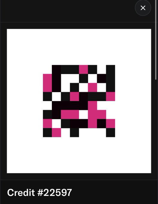 A digital image viewer shows a pixelated abstract design in pink, black, and white squares with the label 'Credit #22597' at the bottom.