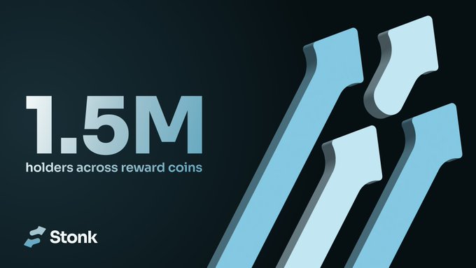 The image features a sleek, dark blue graphic with bold 3D "S" lettering on the right and the text "1.5M holders across reward coins" alongside the Stonk logo. It visually emphasizes the milestone of 1.5 million combined holders across StonkFun's reward coins, reinforcing the post's message that StonkFun is built for its holder community.