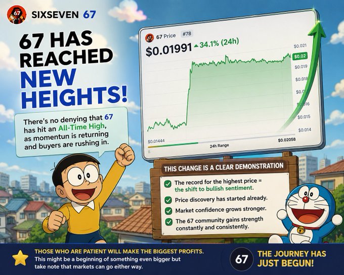A promotional graphic for 'SIXSEVEN 67' cryptocurrency shows a price chart reaching an all-time high of $0.01991 with a 34.1% 24-hour gain, featuring an anime character (Doraemon's Nobita) and the text '67 Has Reached New Heights!' and 'The Journey Has Just Begun!'.
