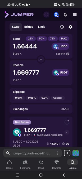 A mobile screenshot of the Jumper Exchange app shows a swap interface converting 1.66444 USDC to 1.669777 USDT on Base, with the post highlighting the platform's transparent pricing and pre-trade visibility, such as the "Best Return" of $1.67 routed through SushiSwap Aggregator.