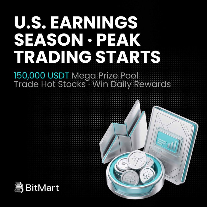 A BitMart promotional graphic announcing 'U.S. EARNINGS SEASON · PEAK TRADING STARTS' with a 150,000 USDT Mega Prize Pool, featuring 3D-rendered crypto coins and trading tokens.