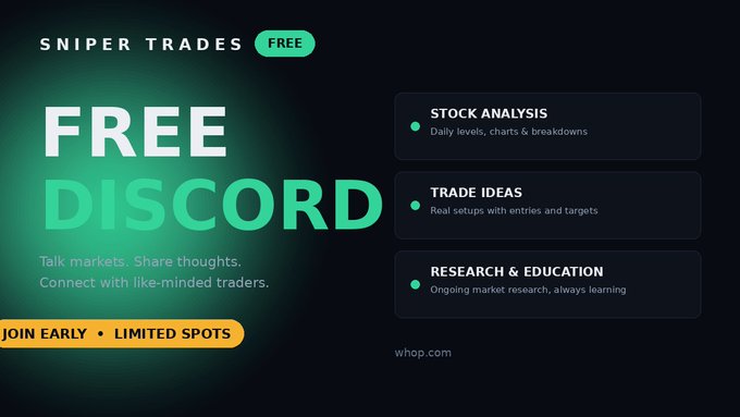Promotional graphic for "SNIPER TRADES" advertising a free Discord community, featuring bold "FREE DISCORD" text alongside three feature boxes highlighting Stock Analysis, Trade Ideas, and Research & Education, with a "JOIN EARLY • LIMITED SPOTS" call-to-action banner and the URL whop.com displayed at the bottom.
