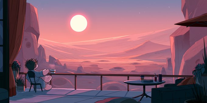 A figure sits on a balcony chair holding a coffee cup, gazing at a glowing sun setting over a pink desert landscape with mesas in the distance. The serene morning vista complements the "GM to all $ELON holders" greeting, evoking a peaceful start to the day for the crypto community.