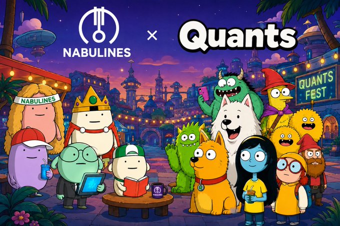 A promotional image for a collaboration between 'NABULINES' and 'Quants' featuring various colorful cartoon characters at a festival, with a 'QUANTS FEST' sign visible.