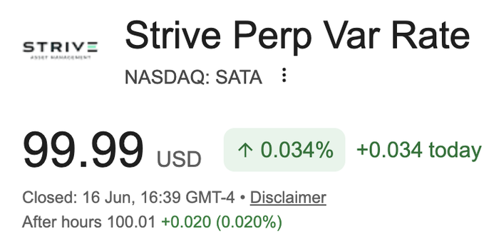 "Strive Perp Var Rate" is listed as a company that provides investment information, with their preferred product being "SATA". The image shows that the $98 million has been earned through a trade volume of approximately 98 cents per share (0.99 US dollars). The post indicates that the daily dividend payout for this company has increased by at least 100%. This is an impressive achievement and showcases good news related to the stock market.