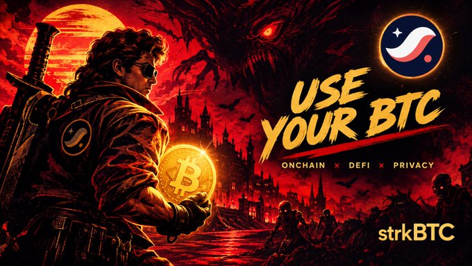A dark red and black promotional graphic featuring a character holding a glowing Bitcoin coin, with text reading 'USE YOUR BTC' and 'ONCHAIN x DEFI x PRIVACY' for 'strkBTC'.