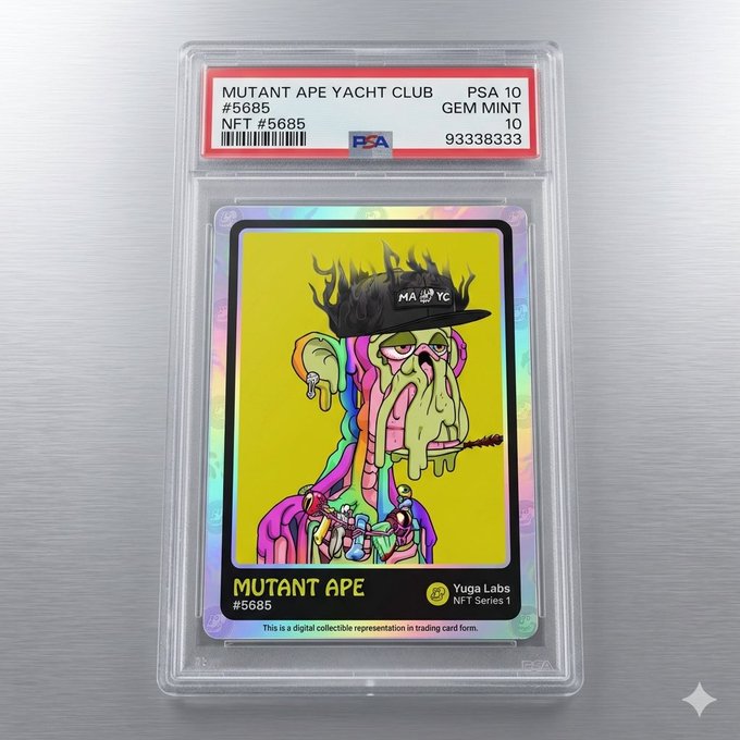 A PSA 10 graded 'Mutant Ape Yacht Club' NFT trading card #5685 featuring a colorful ape with 'M.A.Y.C' hat.