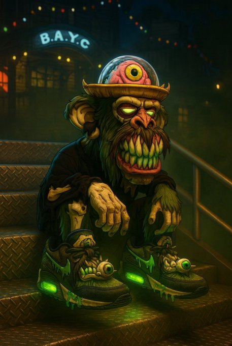 A cartoon illustration of a grotesque mutant monkey with glowing green eyes and a brain in a jar on its head sits on metal stairs in front of a sign reading 'B.A.Y.C'.