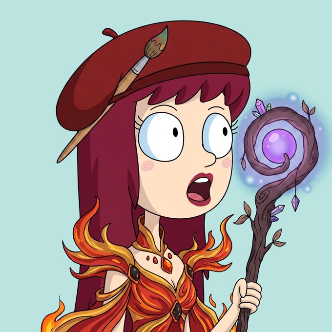 Cartoon illustration of a female character with red hair, a red beret with a paintbrush, and a flame-like dress, holding a magical staff with a purple orb.