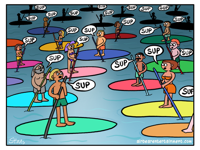 A comic illustration by 'Stinos' for airborneentertainment.com showing multiple people on stand-up paddleboards (SUPs) in the water, with everyone repeatedly saying 'SUP' in speech bubbles as a humorous pun.