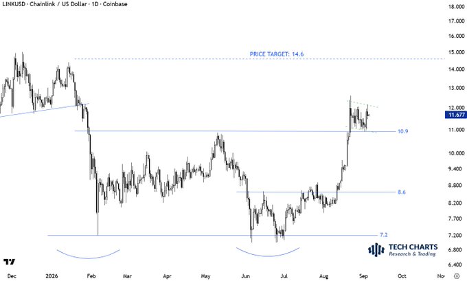 A daily LINK/USD (Chainlink/US Dollar) candlestick chart on Coinbase displays a technical pattern featuring horizontal support levels at 7.2, 8.6, and 10.9, with a marked price target of 14.6 and the asset currently trading around 11.677, visually illustrating the potential bull flag and double bottom re-test mentioned in the cryptocurrency report.