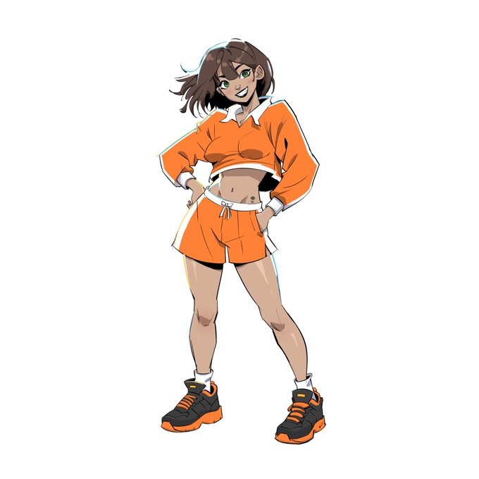 A confident anime-style female character poses with a wide smile, wearing a cropped orange hoodie and matching shorts with orange-and-black sneakers, brought to "life" through dynamic shading and expressive detail. The artwork complements the artist's excitement about the piece gaining attention and their open commissions.