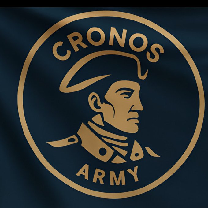 A circular logo for 'Cronos Army' in gold lettering on a dark navy blue waving flag background, featuring the profile of a soldier in a bicorn hat.