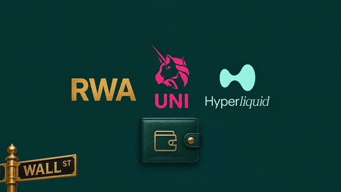 A graphic displaying logos for RWA, UNI (pink unicorn), and Hyperliquid on a teal background, alongside a leather wallet icon and a Wall Street signpost.