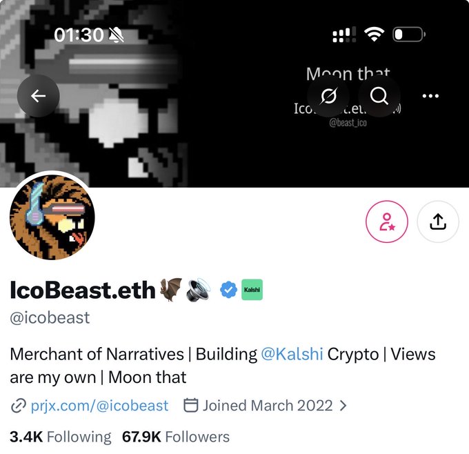 A Twitter/X profile for 'IcoBeast.eth' (@icobeast) with bio 'Merchant of Narratives | Building @Kalshi Crypto | Views are my own | Moon that', showing 3.4K Following and 67.9K Followers, joined March 2022, with a pixel art profile picture.