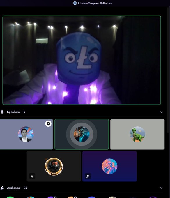 Screenshot of a "Litecoin Vanguard Collective" video call featuring a person wearing a blue Litecoin mascot mask with glowing purple lights, showing 6 speakers and 25 audience members.