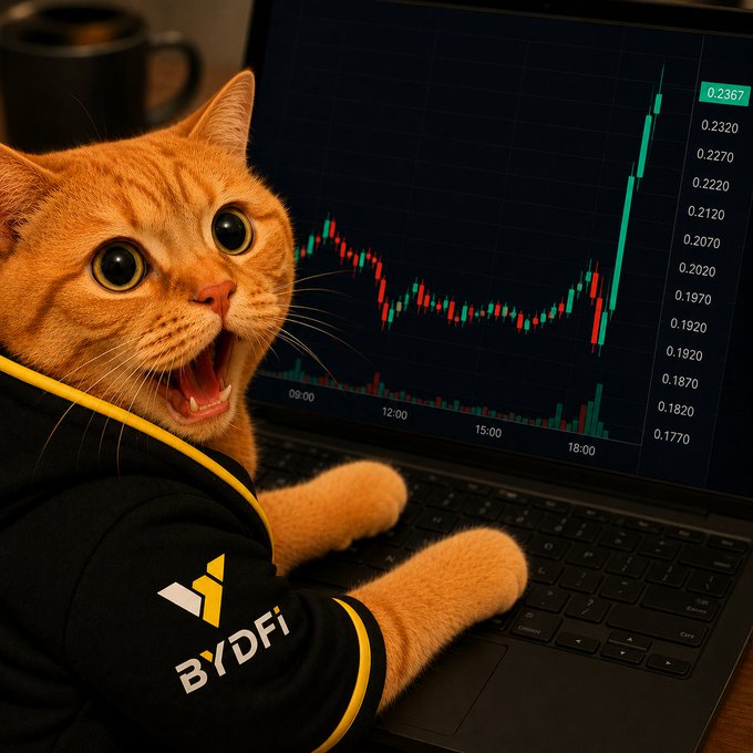 An orange cat wearing a "BYDFi" hoodie reacts in shock at a candlestick chart showing a sharp green price spike to 0.2367, fitting the "$BYDFi" ticker shown on the branded clothing. The dramatic upward candle mirrors the cat's stunned expression, suggesting surprise at a sudden bullish move.