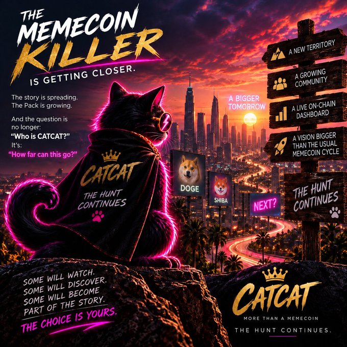 A dramatic promotional poster for "CATCAT" featuring a black cat in a cape overlooking a sunset cityscape, with text including 'THE MEMECOIN KILLER IS GETTING CLOSER' and images of DOGE and SHIBA labeled with 'NEXT?'.