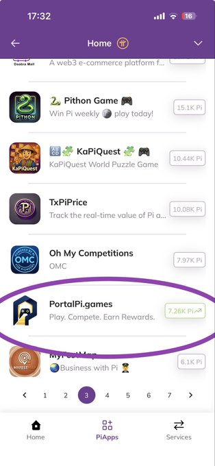 The image shows a phone screen with an app called " PortalPi.games" displayed at the top of the screen. The app appears to be a gaming platform that allows users to play and compete against others online, offering various rewards for their achievements. The post about this app is titled "Exciting update! PortalPi.games is now visible in the Pi Mainnet Ecosystem, currently on page 3!" This indicates that the app has been updated or added to the mainnet ecosystem, providing more opportunities for gamers to engage with and enjoy the platform's games.