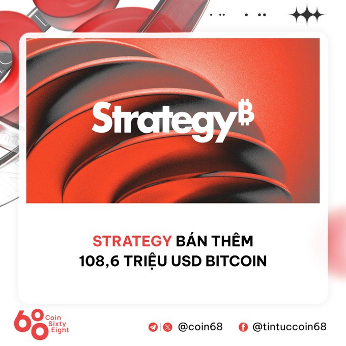 A Coin Sixty Eight news graphic in Vietnamese stating 'STRATEGY BÁN THÊM 108,6 TRIỆU USD BITCOIN' (Strategy sells additional $108.6 million in Bitcoin), featuring the Strategy logo and branding.