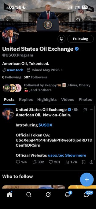 A mobile screenshot of an X (Twitter) profile for 'United States Oil Exchange' (@USOXProgram) with the banner showing Donald Trump at a podium, describing itself as 'American Oil, Tokenised' with a pinned post introducing $USOX as an official Solana token.