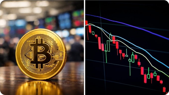 A golden Bitcoin coin rests on a reflective surface with a blurred trading floor in the background, paired with a candlestick chart showing a sharp downward trend with red candles dominating the recent price action. The image visually reinforces the post's news about US spot Bitcoin ETFs suffering their worst monthly outflows since launch, with the declining chart mirroring the bearish sentiment driving BlackRock's IBIT and other funds to shed $4.5B in June.