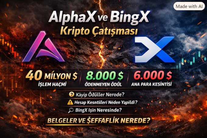 A dramatic promotional graphic titled 'AlphaX ve BingX Kripto Çatışması' displays statistics of $40 million trading volume, $8,000 unpaid rewards, and $6,000 main fund deductions.