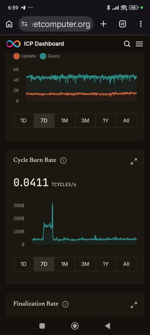 A mobile screenshot of the ICP Dashboard from netcomputer.org showing a graph of update/query activity and a Cycle Burn Rate of 0.0411 TCYCLES/s.