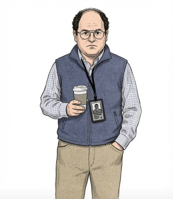 An illustrated portrait of a balding man with glasses wearing a blue fleece vest over a checkered shirt, holding a coffee cup and wearing a lanyard with an 'INCOMP' ID badge, resembling the character George Costanza from Seinfeld.