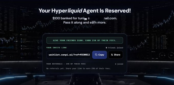 A dark-themed Hyperliquid referral screen titled "Your Hyperliquid Agent Is Reserved!" offering $100 banked with an invite link (waitlist.senpi.ai/?ref=M330812) and 25% fee referral earnings.