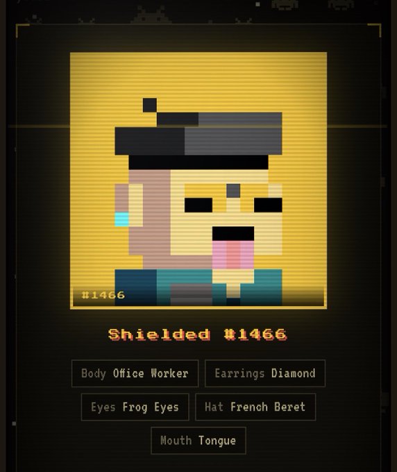 A pixel-art NFT display titled 'Shielded #1466' showing a character with attributes including 'Body Office Worker,' 'Earrings Diamond,' 'Eyes Frog Eyes,' 'Hat French Beret,' and 'Mouth Tongue.'