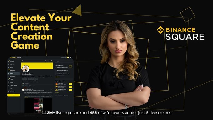 The image features an advertisement for Binance Square, which promotes a content creation game that allows users to create content related to cryptocurrency. The main focus of the ad is a woman with long blonde hair standing against a black background, wearing a black shirt. She has her arms crossed and looks serious or determined. In front of her on the screen are two yellow squares, one larger than the other, which appear to be part of the game's interface. The text in the image includes phrases such as "I’ve been really excited with my experience at Binance Square." and "Let me know below if you want to become a verified creator."