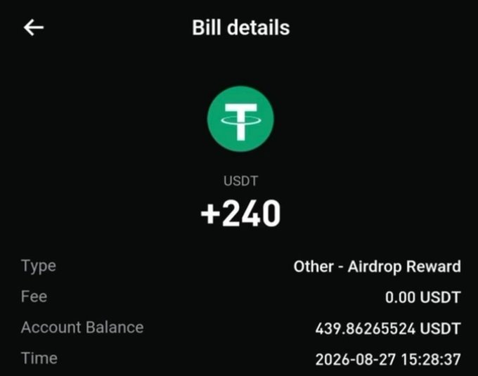A digital bill details screen showing a USDT airdrop reward of +240, with an account balance of 439.86265524 USDT and a timestamp of 2026-08-27 15:28:37.