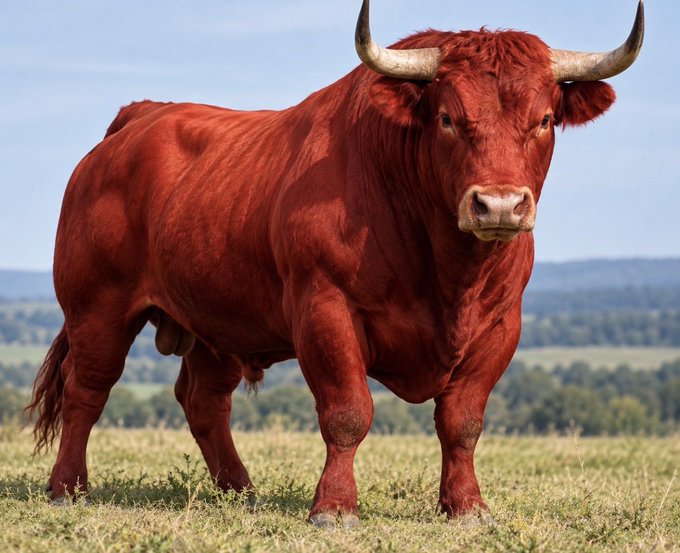 A large, muscular red bull with prominent horns stands in a grassy field with trees in the background.