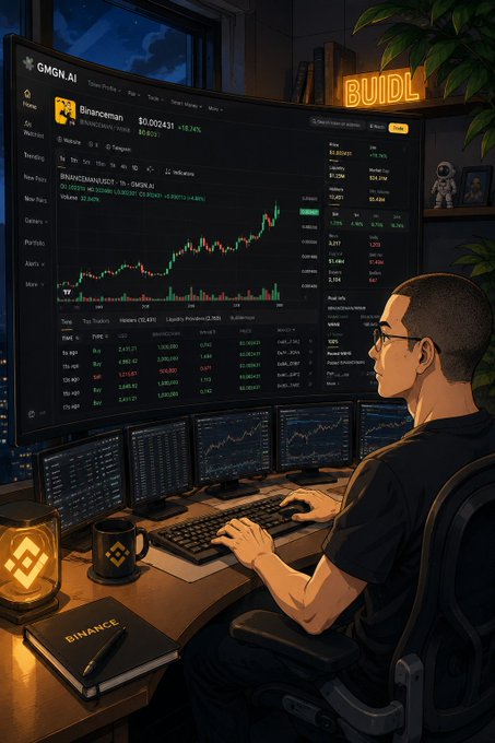 The scene captures a lone trader hunched over multiple monitors displaying Binance charts (GMGN.AI, BRUNCMAN/USD: $0.092431, +18.74%), with a BNB-branded notebook and Binance mug on his desk, visually echoing the post's lament about CZ's silence amid a loud, active market—everyone else is posting while he's quietly grinding away behind the screen.
