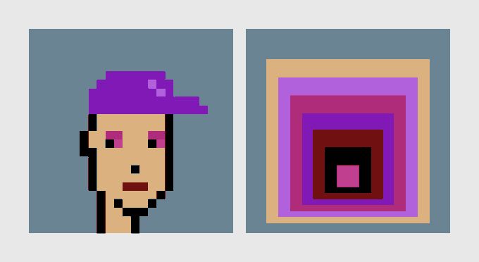 Two pixel art portraits side by side: the left shows a face wearing a purple cap, and the right displays a concentric square color gradient pattern in purple, pink, and black tones.