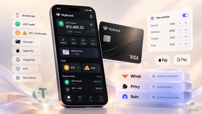 A digital advertisement for a cryptocurrency app named 'MyBrand' shows a smartphone interface with a 'USDT Balance $12,480.32' alongside icons for USDC, Apple Pay, Google Pay, and Visa, as well as fee controls and partner logos like Whop, Privy, and Rain.